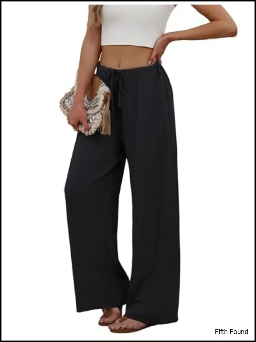 Wide Leg Pants Flowy Palazzo Drawstring Elastic Waist Trousers with Pockets